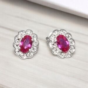 Oval Created Ruby Stud Earrings 925 Sterling Silver Flower Shape
